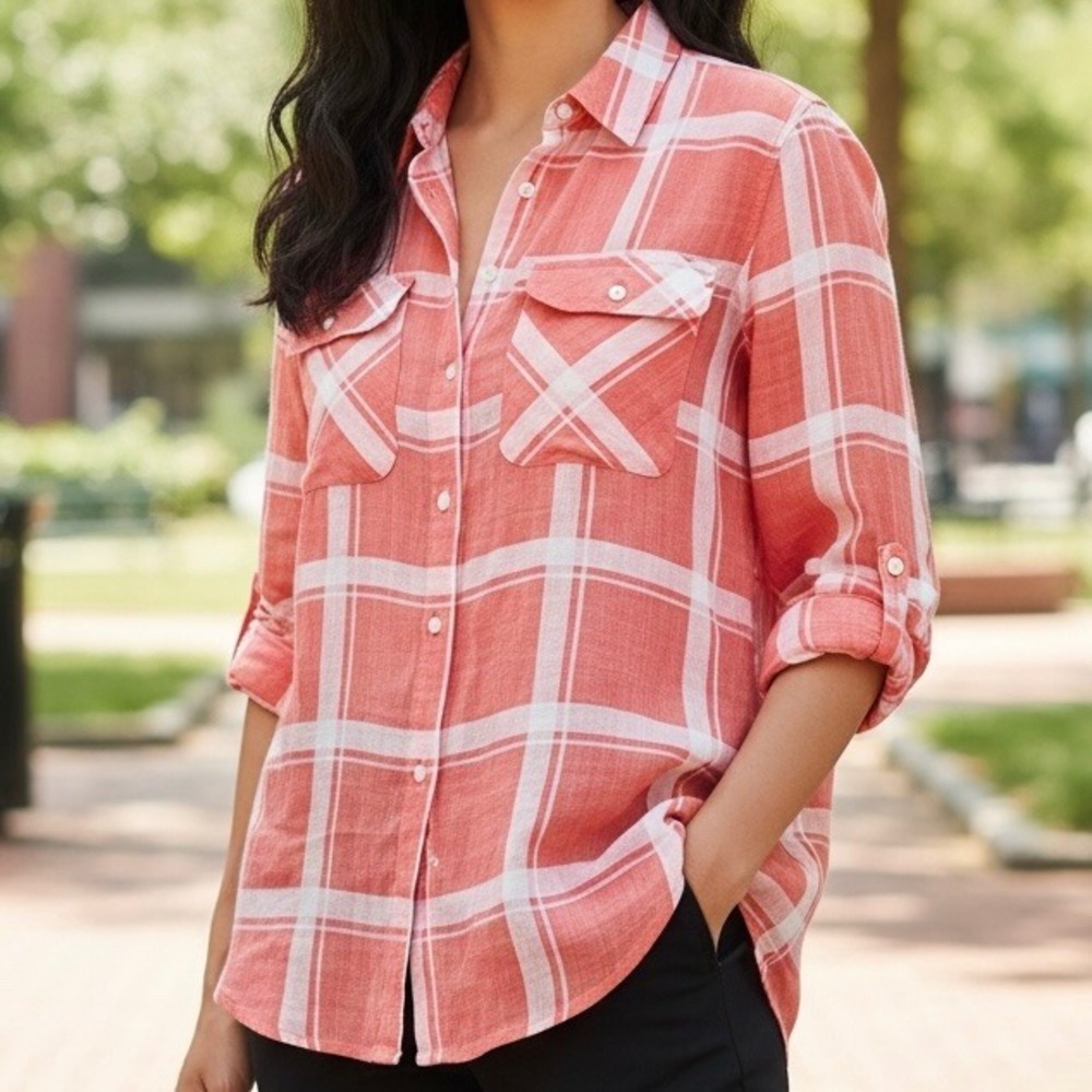 Calvin Klein Jeans Womens Sz Lg Coral Plaid 100% Ramie Button Up Utility Shirt